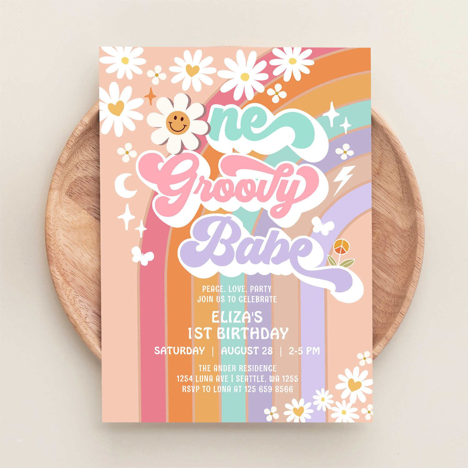 One Groovy Babe 1st Daisy Rainbow Birthday Invitation - Image 7