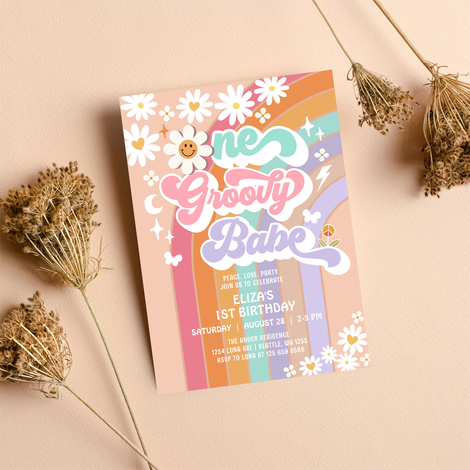 One Groovy Babe 1st Daisy Rainbow Birthday Invitation - Image 8