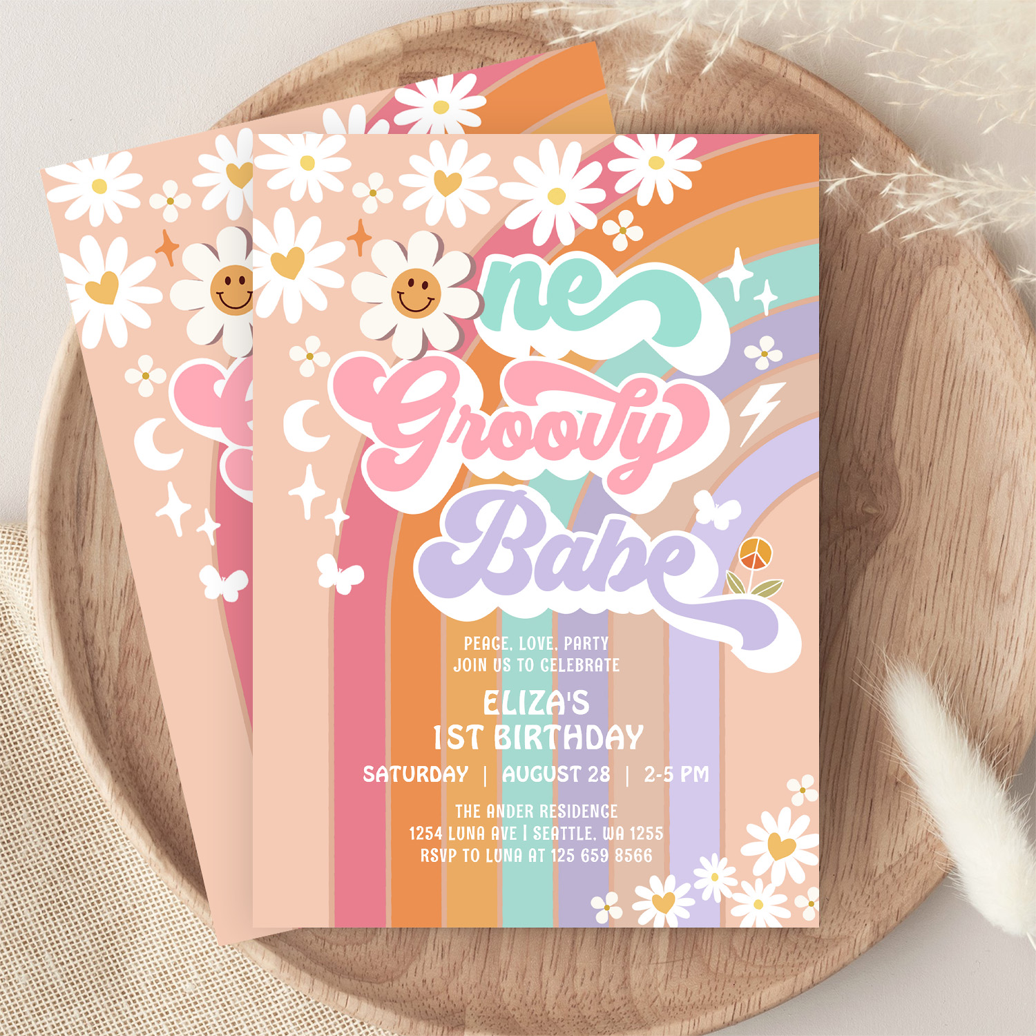 One Groovy Babe 1st Daisy Rainbow Birthday Invitation - Image 9