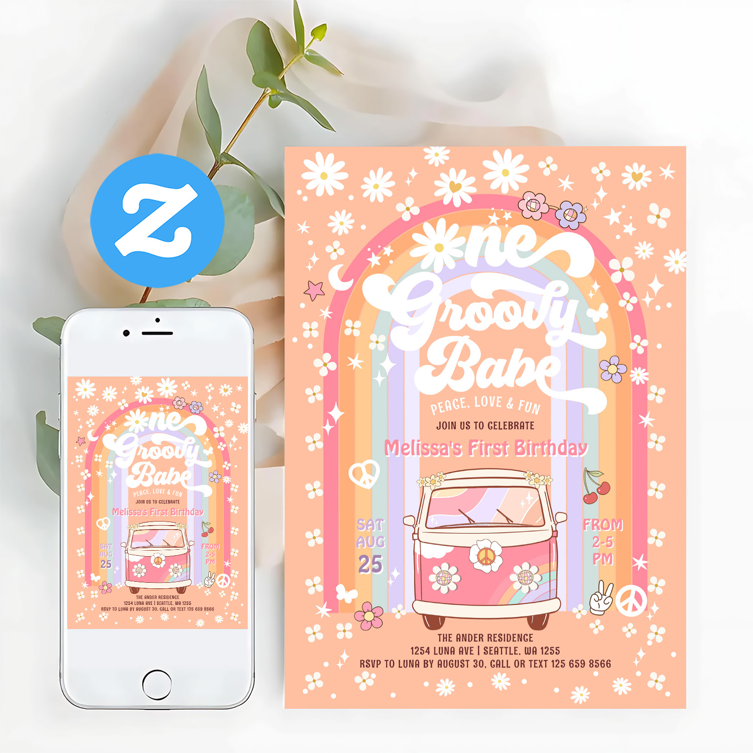 One Groovy Babe Daisy Groovy Van 1st Birthday Invitation