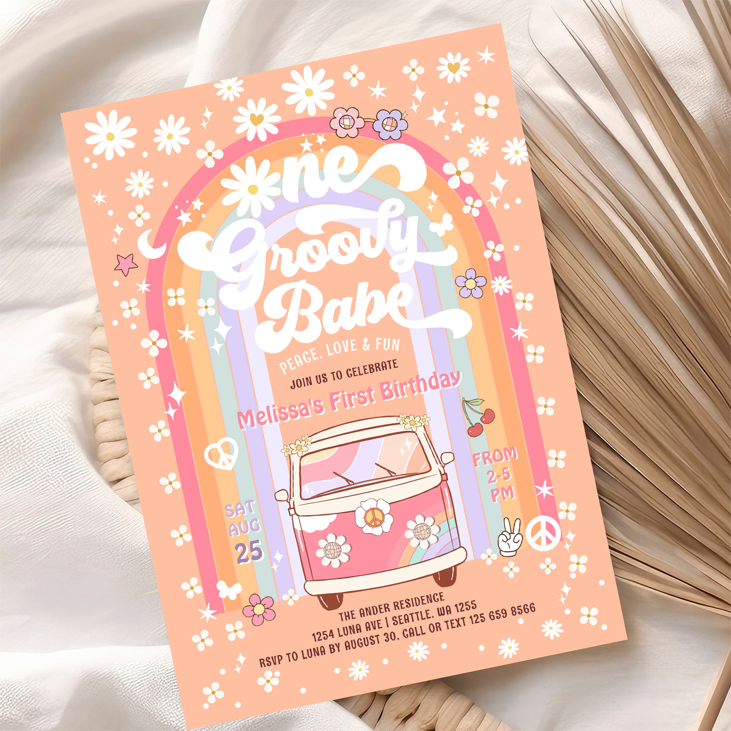 One Groovy Babe Daisy Groovy Van 1st Birthday Invitation - Image 10