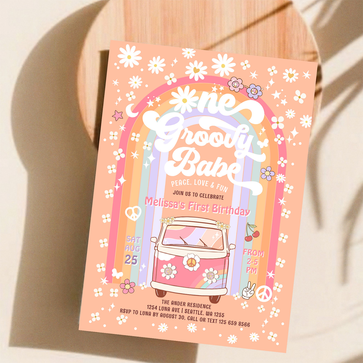 One Groovy Babe Daisy Groovy Van 1st Birthday Invitation - Image 11