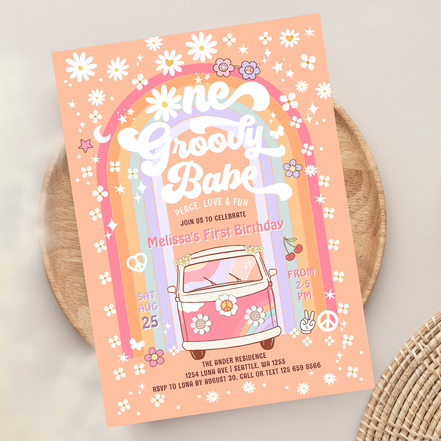 One Groovy Babe Daisy Groovy Van 1st Birthday Invitation - Image 13