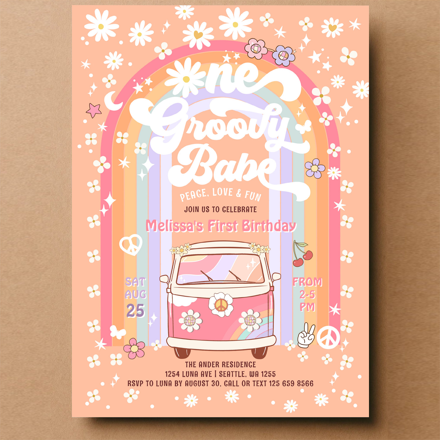 One Groovy Babe Daisy Groovy Van 1st Birthday Invitation - Image 14