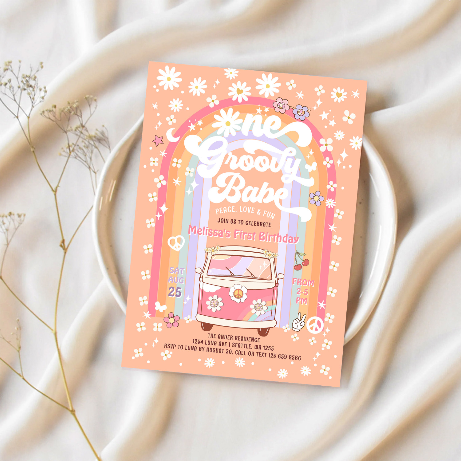 One Groovy Babe Daisy Groovy Van 1st Birthday Invitation - Image 2