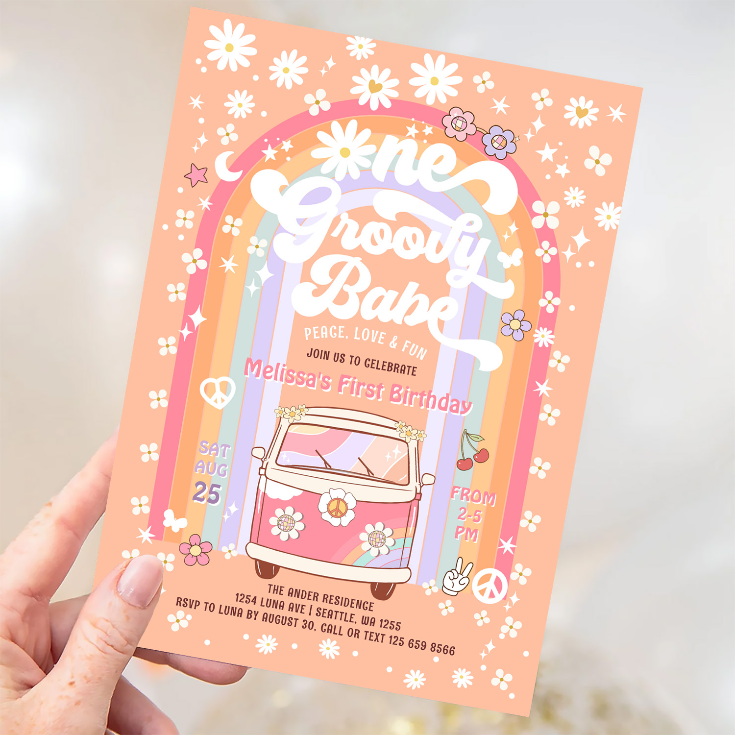 One Groovy Babe Daisy Groovy Van 1st Birthday Invitation - Image 3