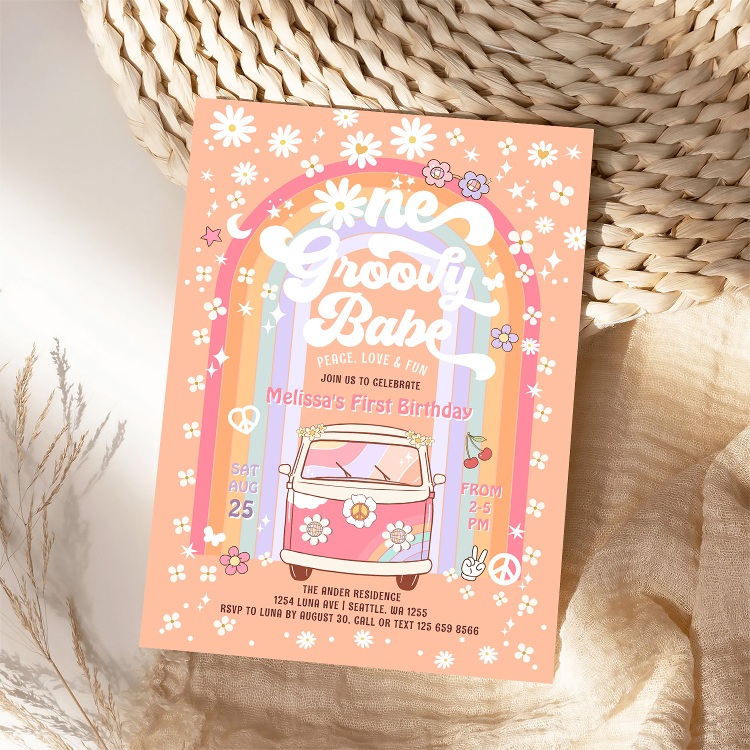 One Groovy Babe Daisy Groovy Van 1st Birthday Invitation - Image 4