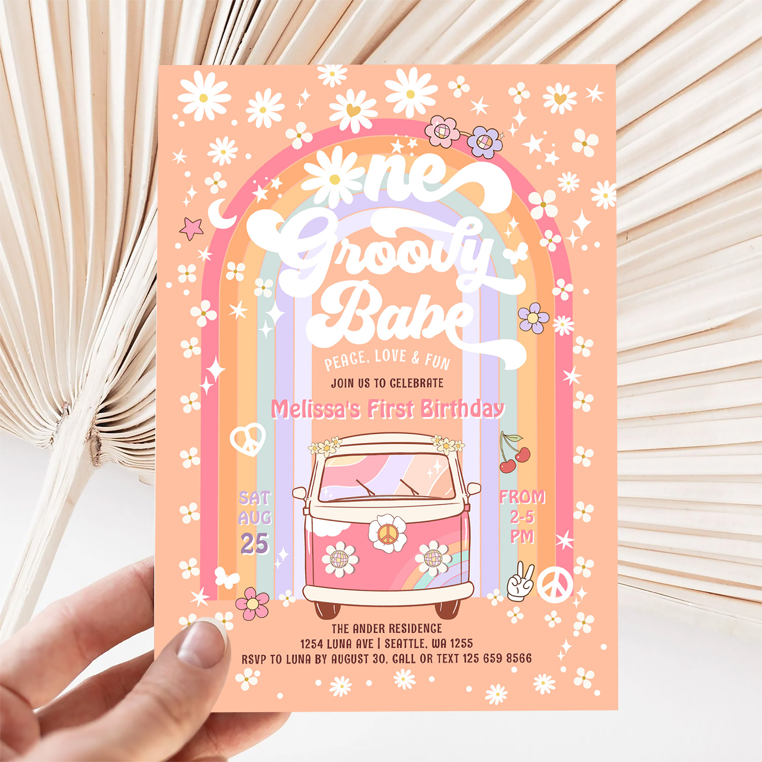 One Groovy Babe Daisy Groovy Van 1st Birthday Invitation - Image 5