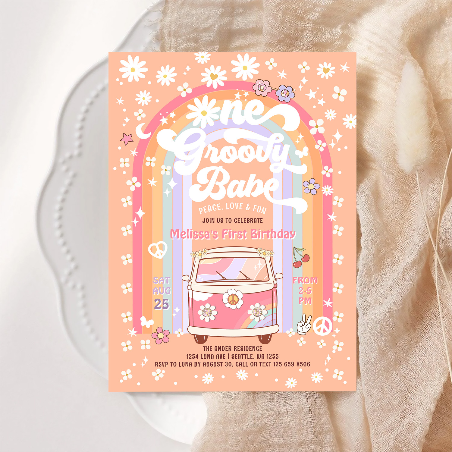One Groovy Babe Daisy Groovy Van 1st Birthday Invitation - Image 6