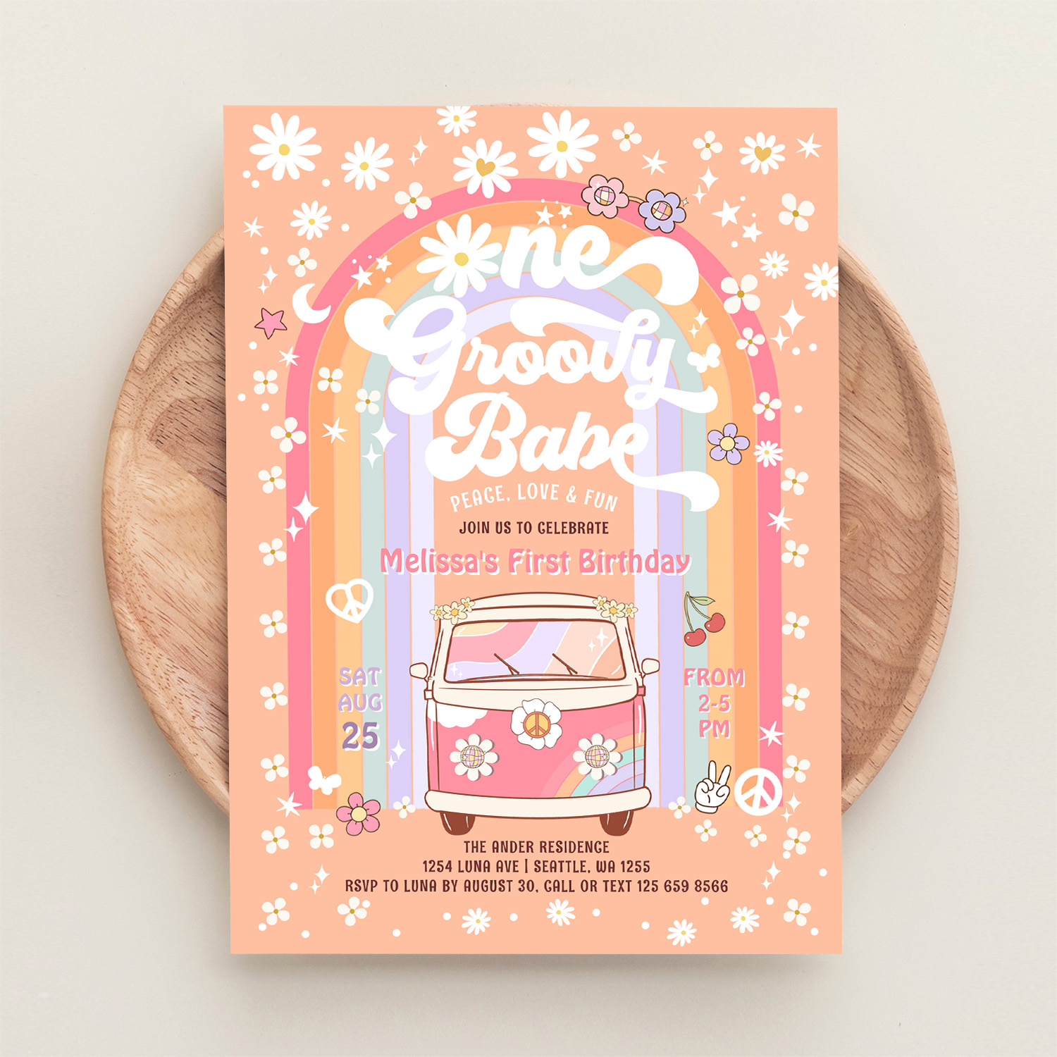 One Groovy Babe Daisy Groovy Van 1st Birthday Invitation - Image 7