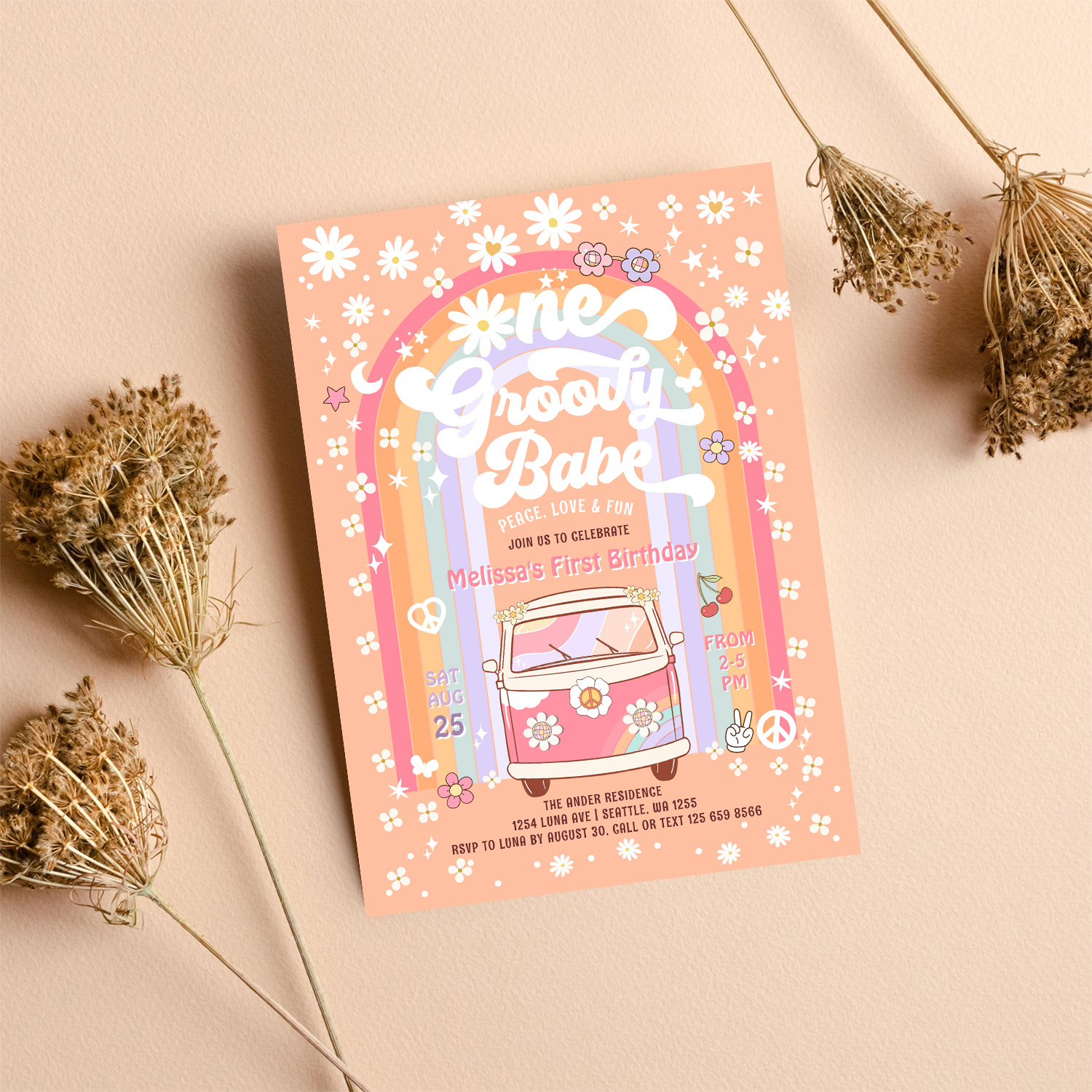 One Groovy Babe Daisy Groovy Van 1st Birthday Invitation - Image 8