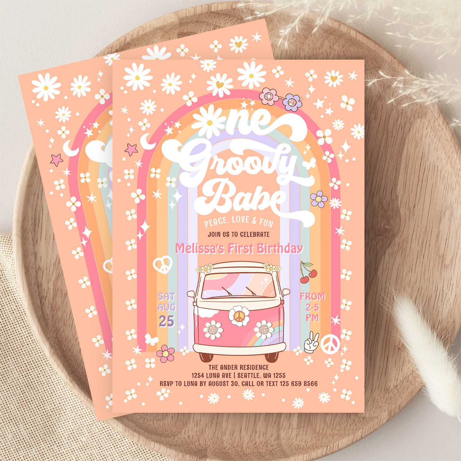 One Groovy Babe Daisy Groovy Van 1st Birthday Invitation - Image 9