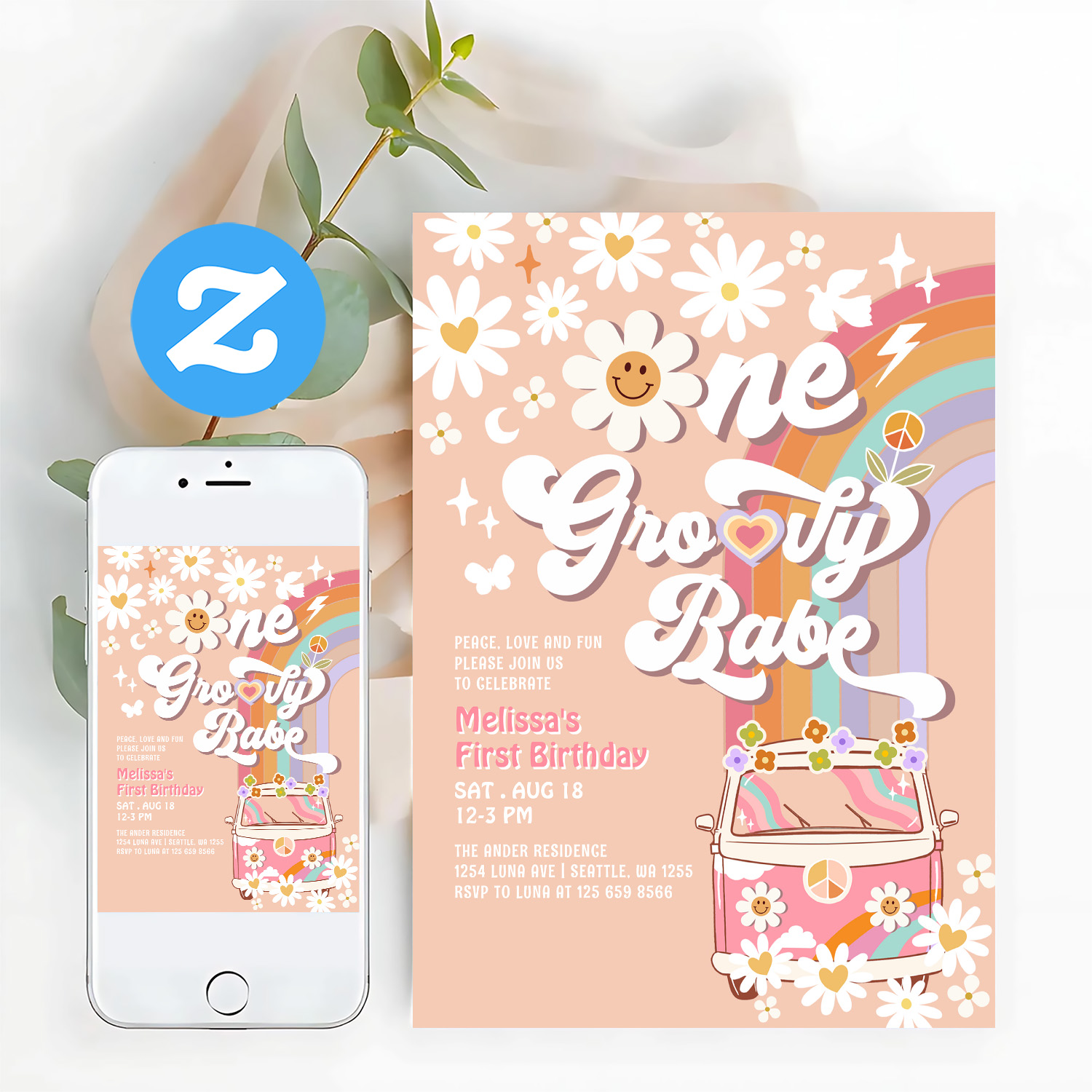 One Groovy Babe Daisy Rainbow 1st Birthday Invitation