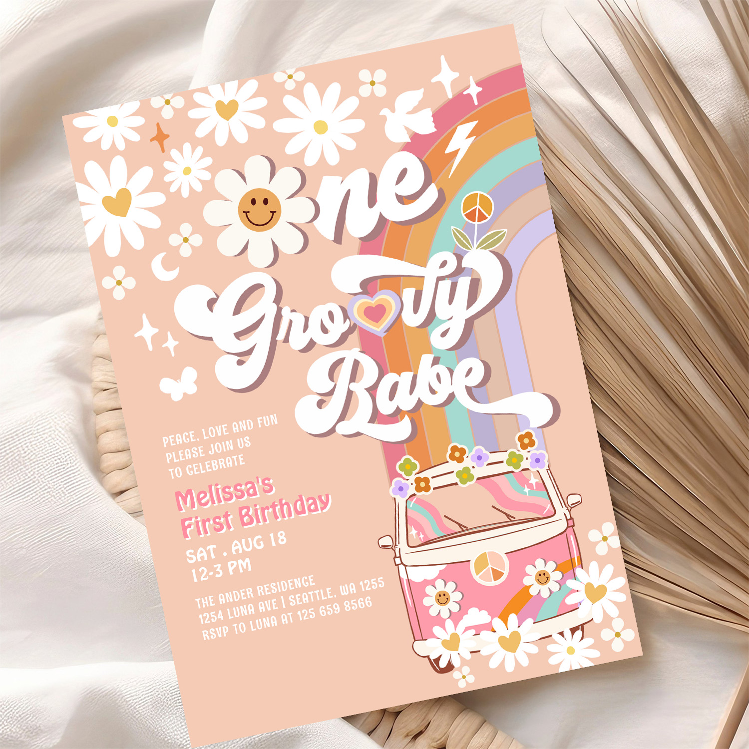 One Groovy Babe Daisy Rainbow 1st Birthday Invitation - Image 10