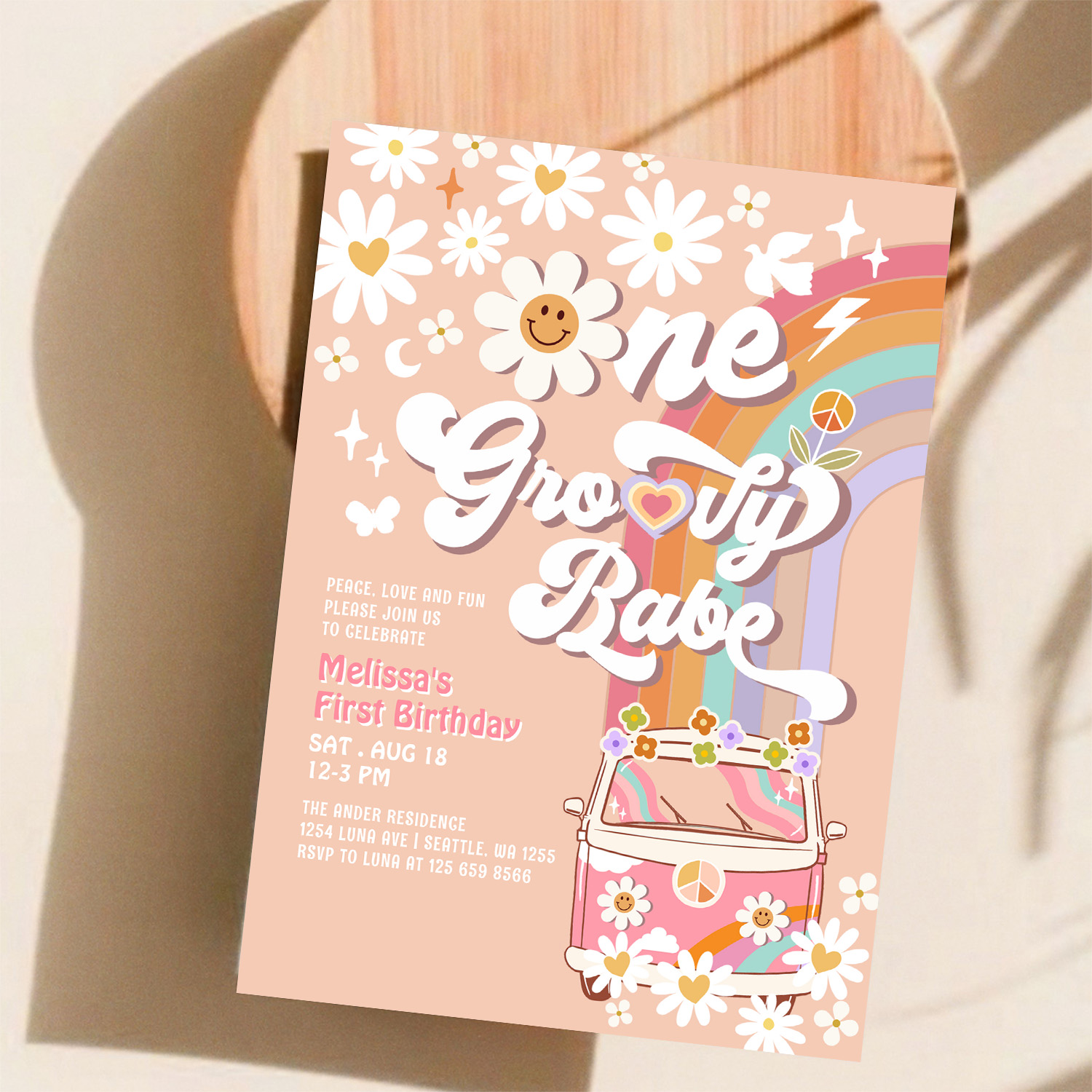 One Groovy Babe Daisy Rainbow 1st Birthday Invitation - Image 11