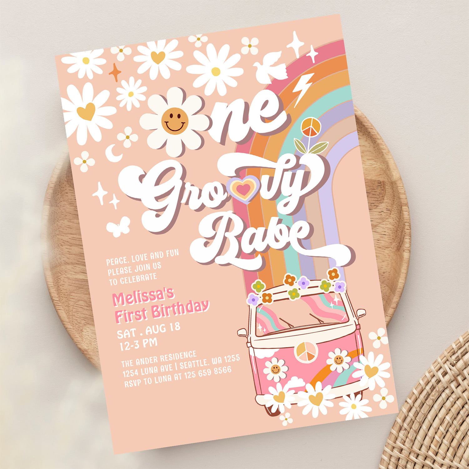 One Groovy Babe Daisy Rainbow 1st Birthday Invitation - Image 13