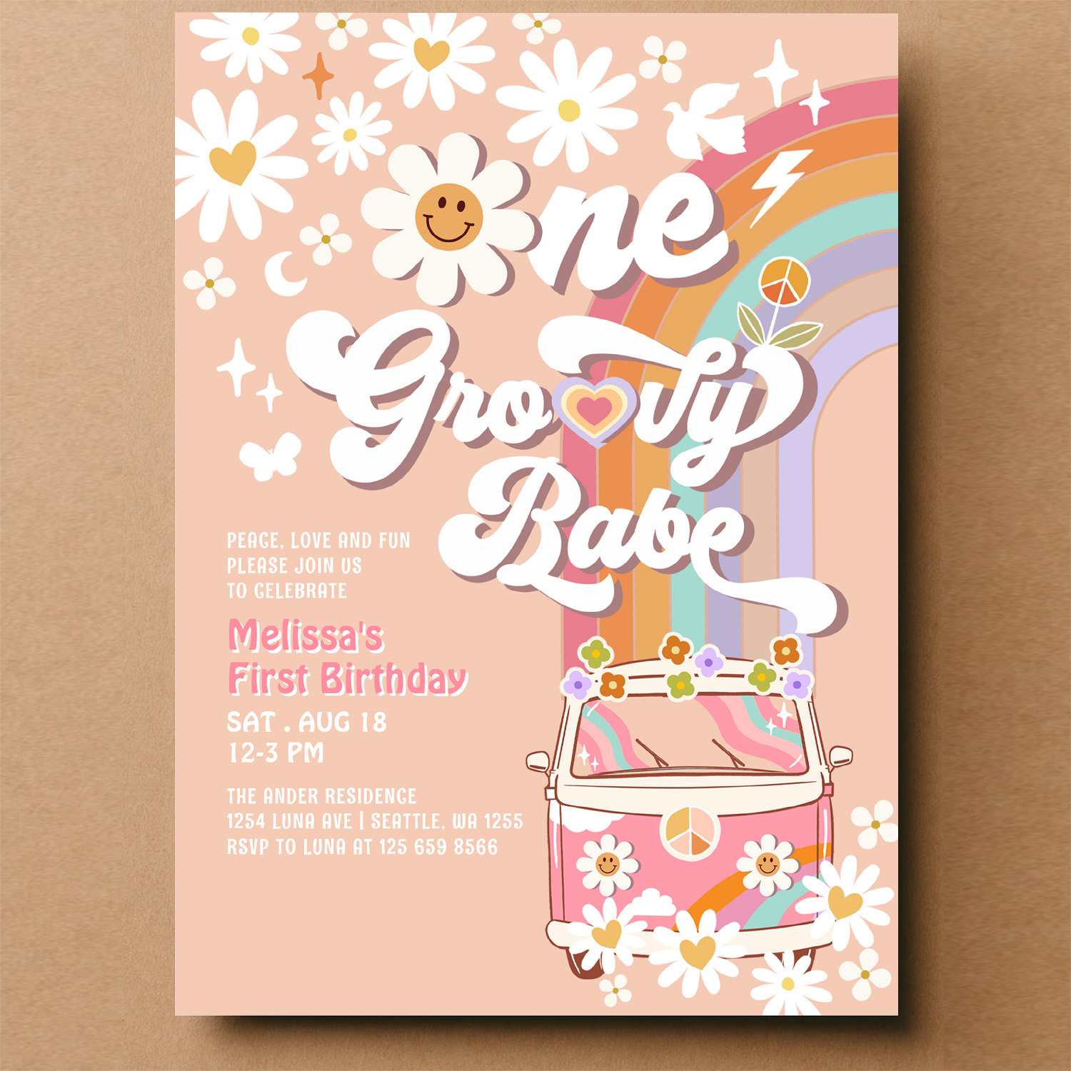 One Groovy Babe Daisy Rainbow 1st Birthday Invitation - Image 14