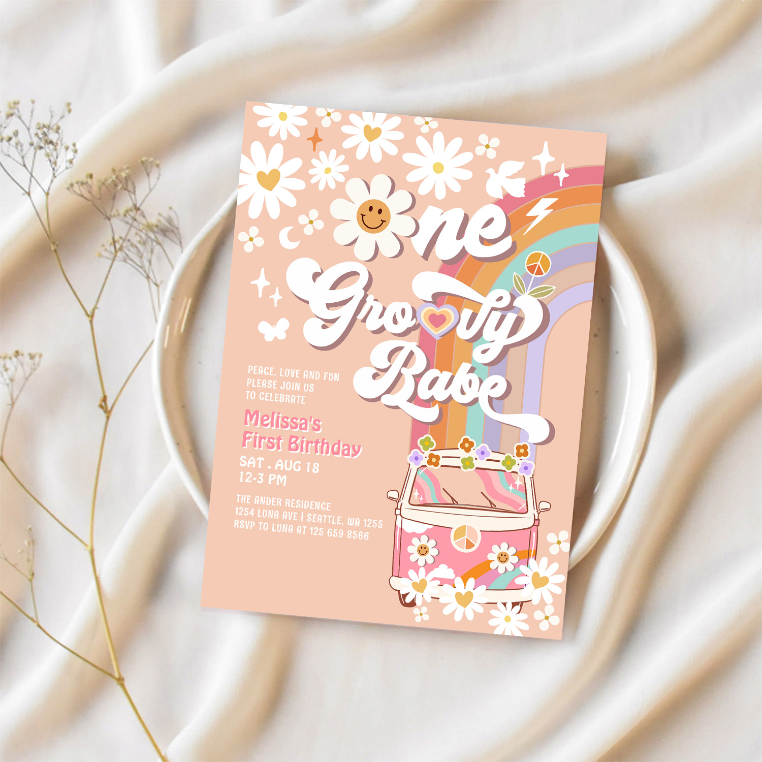 One Groovy Babe Daisy Rainbow 1st Birthday Invitation - Image 2