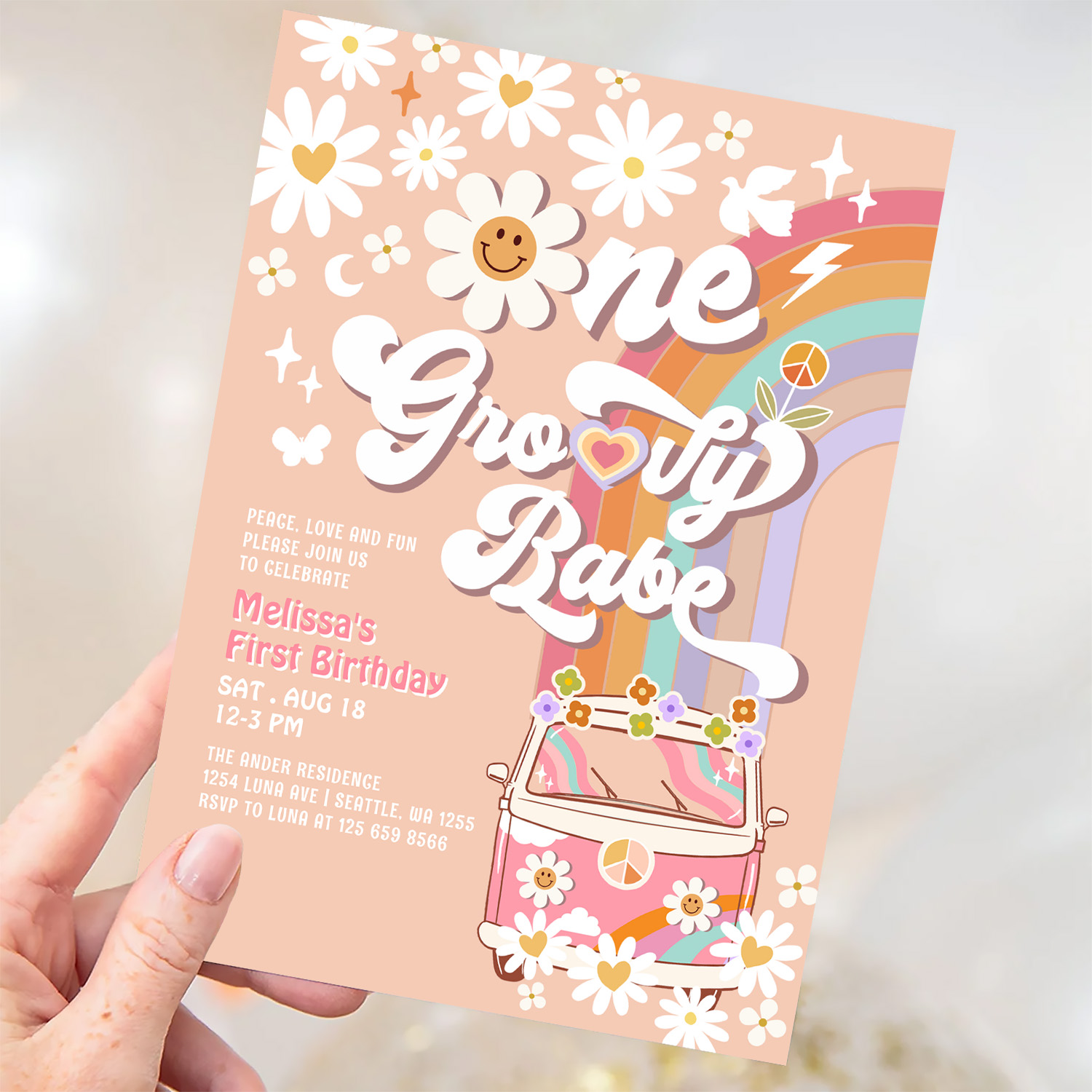 One Groovy Babe Daisy Rainbow 1st Birthday Invitation - Image 3