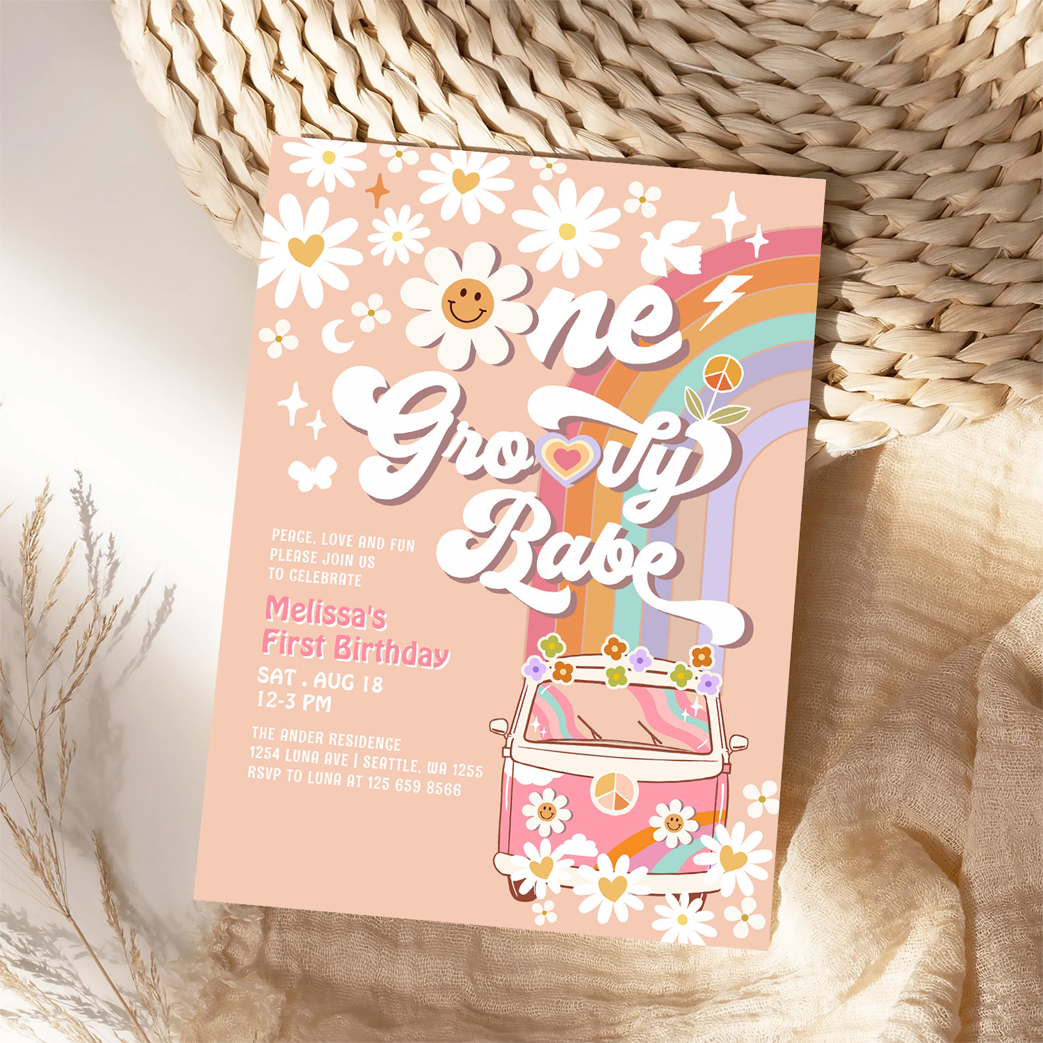 One Groovy Babe Daisy Rainbow 1st Birthday Invitation - Image 4