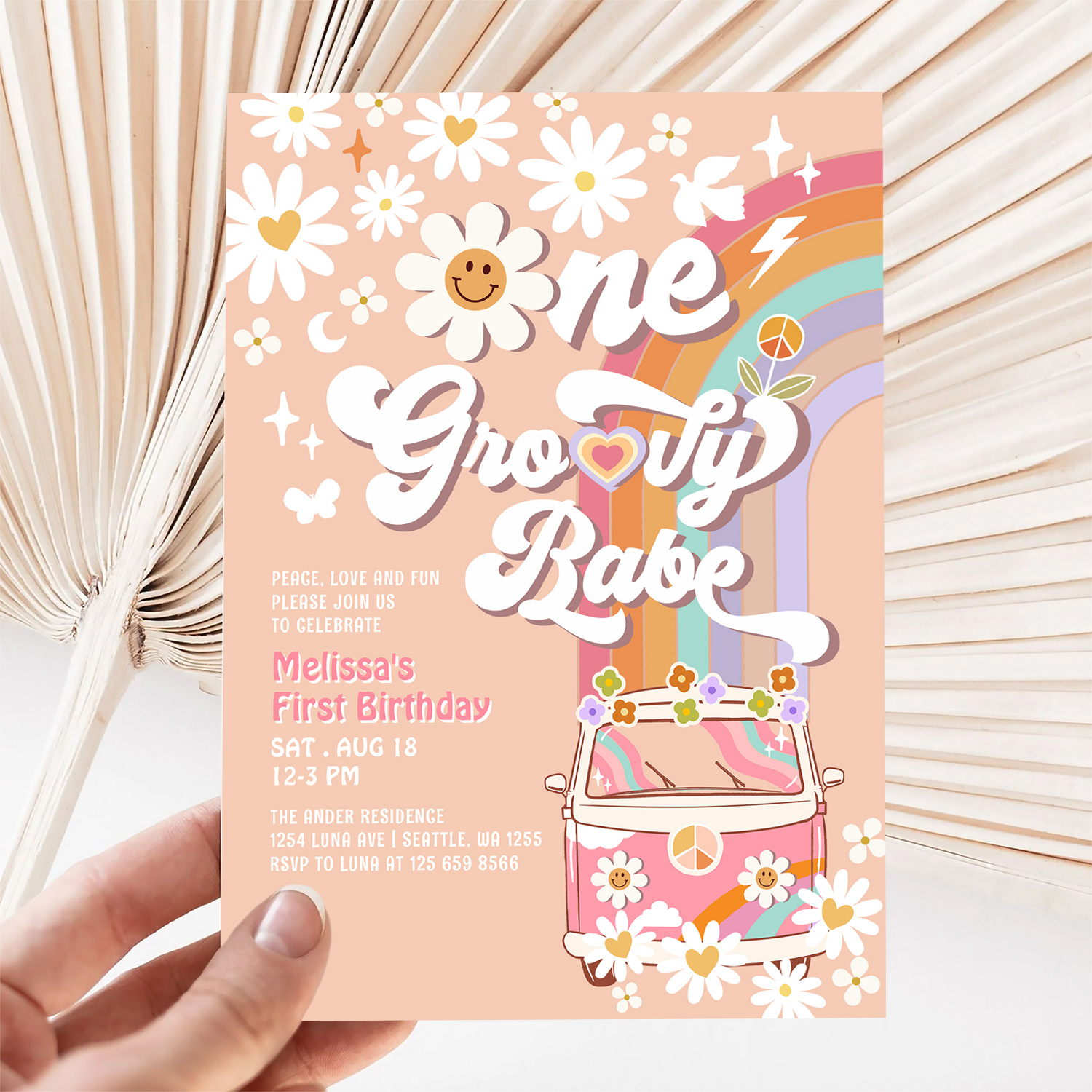One Groovy Babe Daisy Rainbow 1st Birthday Invitation - Image 5
