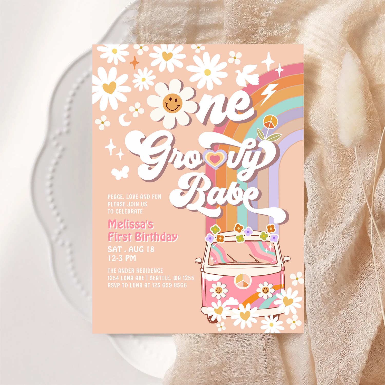 One Groovy Babe Daisy Rainbow 1st Birthday Invitation - Image 6