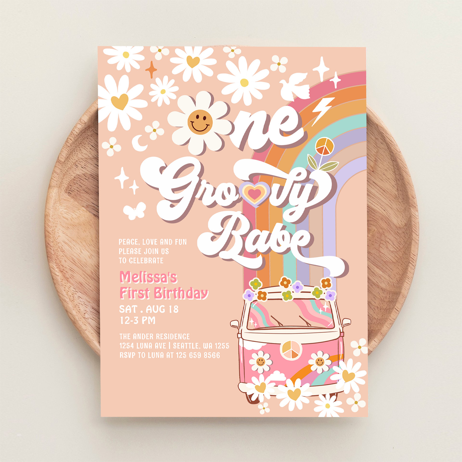 One Groovy Babe Daisy Rainbow 1st Birthday Invitation - Image 7