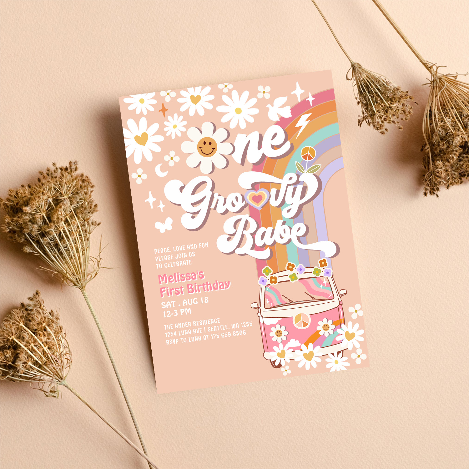 One Groovy Babe Daisy Rainbow 1st Birthday Invitation - Image 8