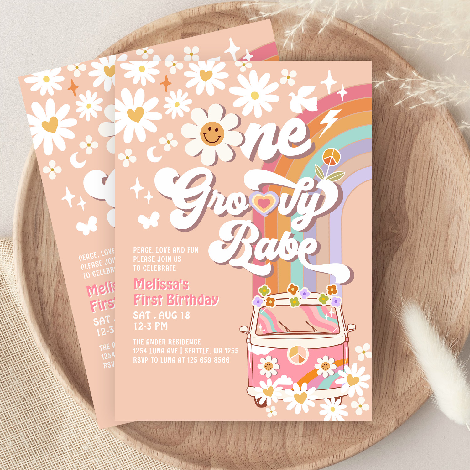 One Groovy Babe Daisy Rainbow 1st Birthday Invitation - Image 9