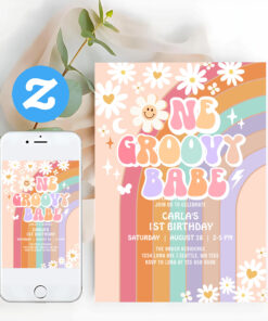 One Groovy Babe Daisy Rainbow Retro 1st Birthday Invitation