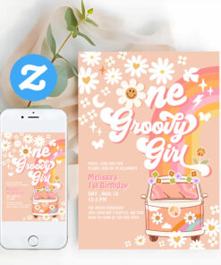 One Groovy Girl Pink Peach Van Daisy 1st Birthday Invitation