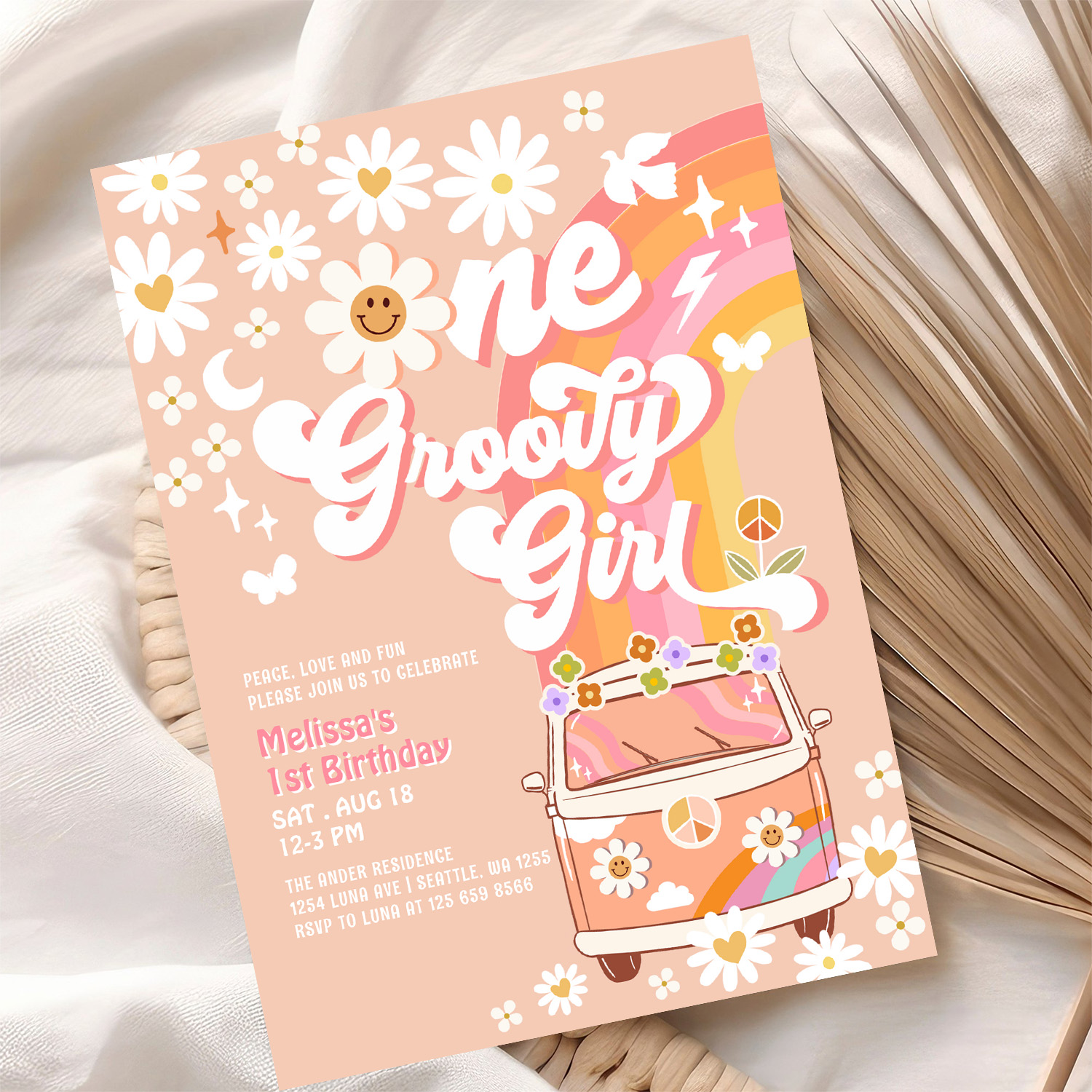 One Groovy Girl Pink Peach Van Daisy 1st Birthday Invitation - Image 10