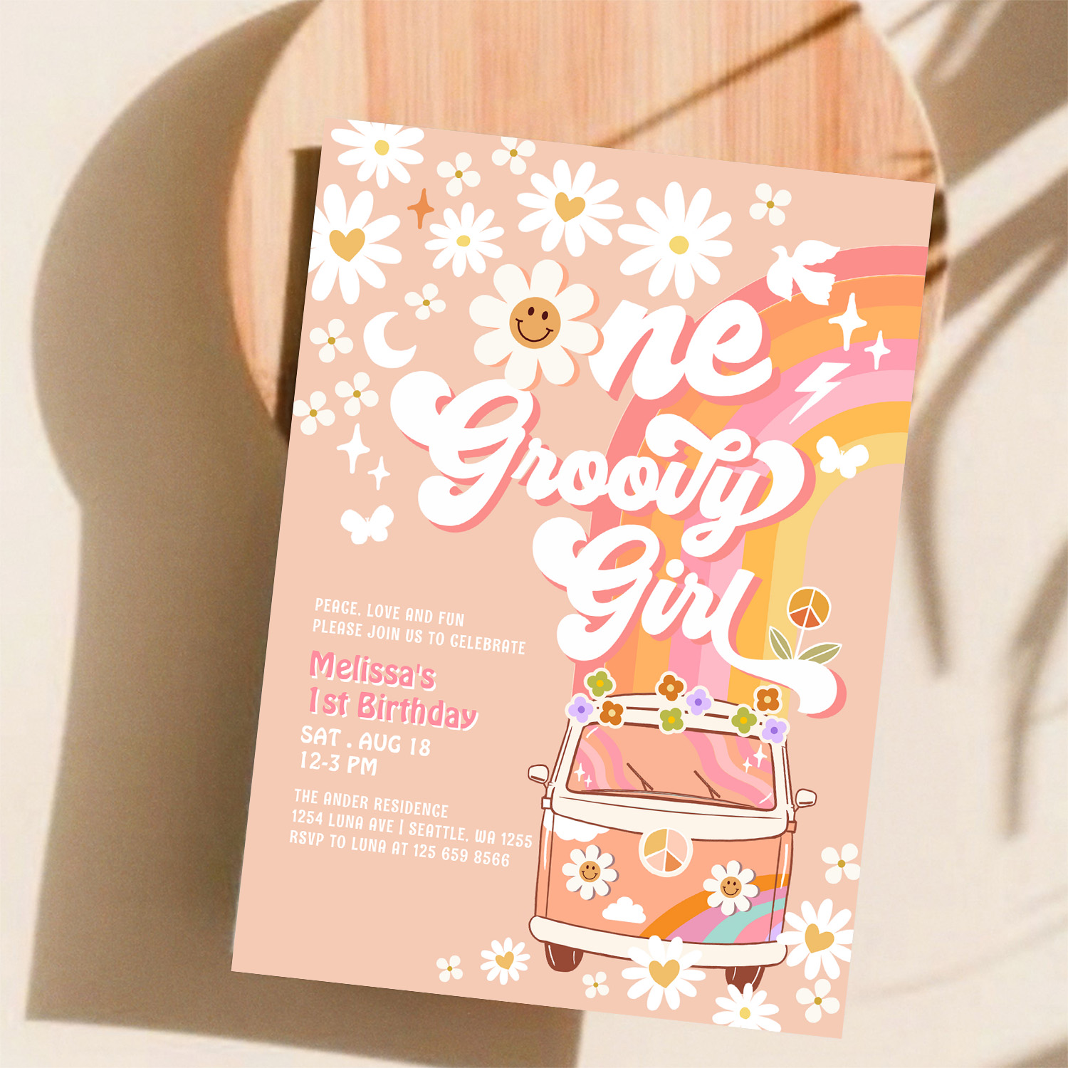 One Groovy Girl Pink Peach Van Daisy 1st Birthday Invitation - Image 11