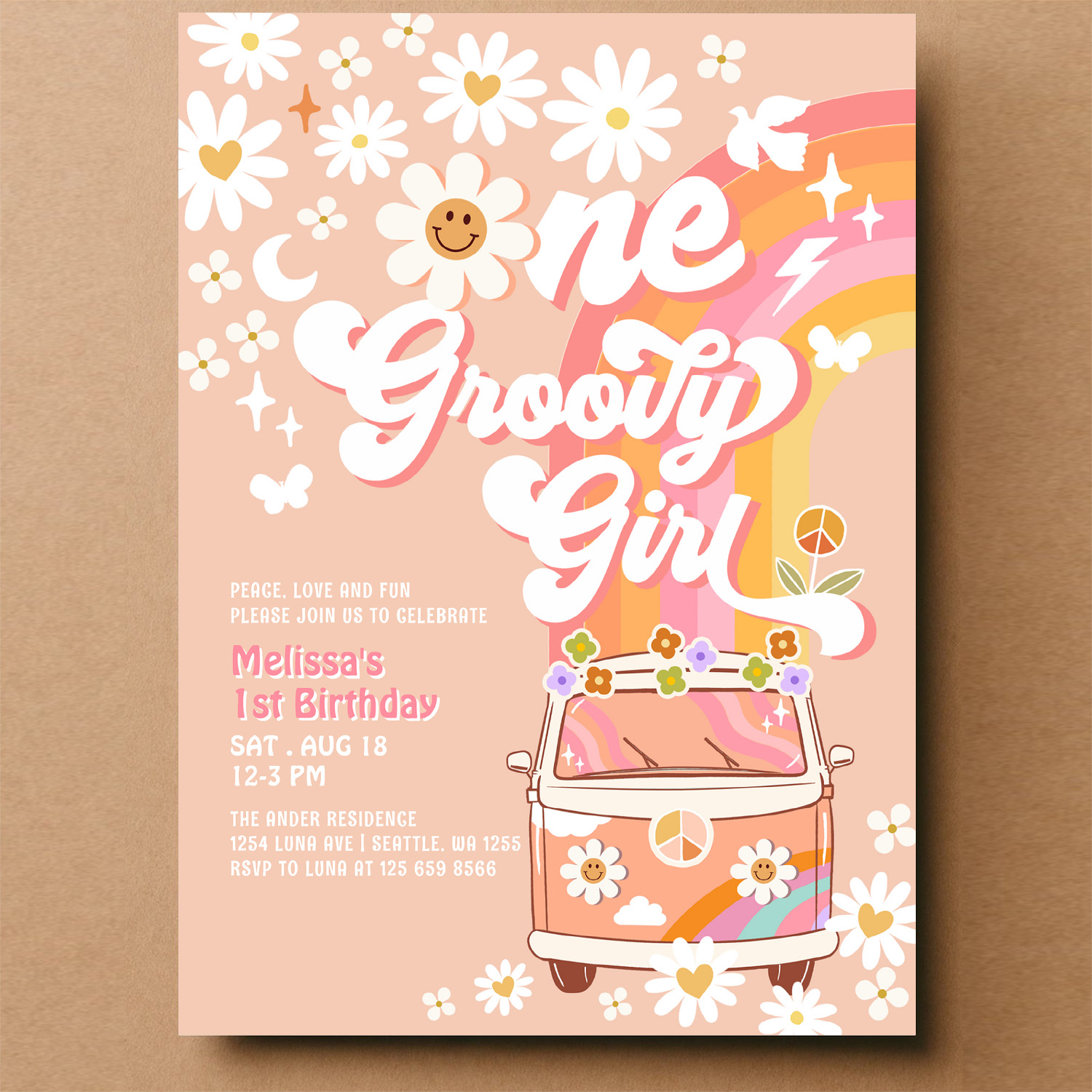 One Groovy Girl Pink Peach Van Daisy 1st Birthday Invitation - Image 14