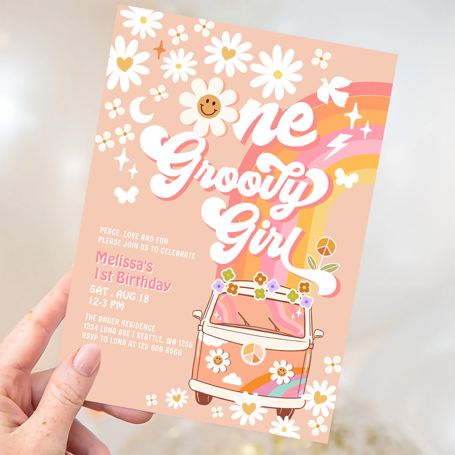One Groovy Girl Pink Peach Van Daisy 1st Birthday Invitation - Image 3