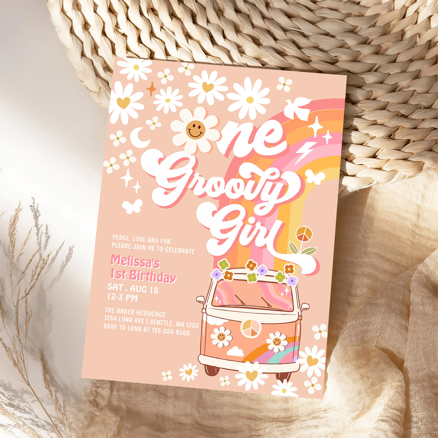 One Groovy Girl Pink Peach Van Daisy 1st Birthday Invitation - Image 4