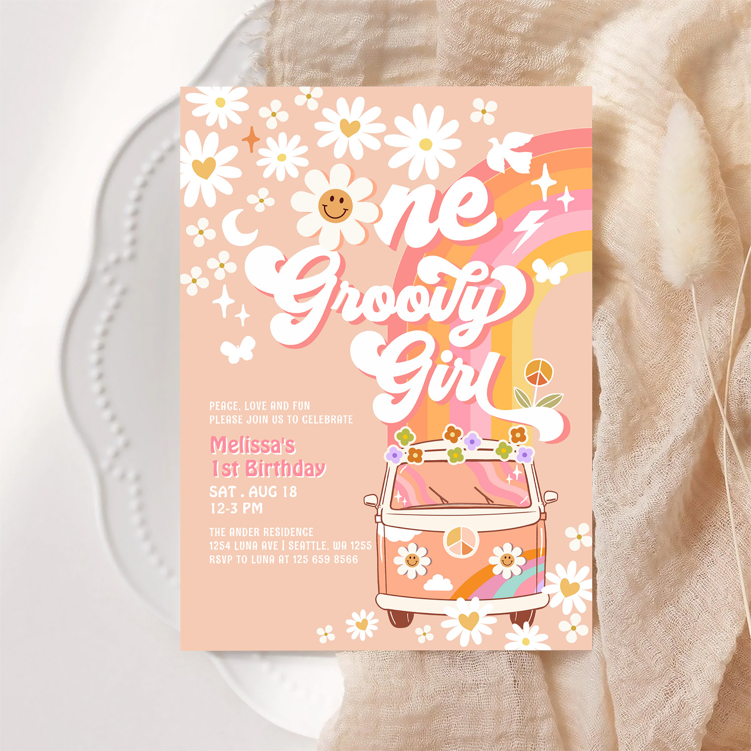 One Groovy Girl Pink Peach Van Daisy 1st Birthday Invitation - Image 6