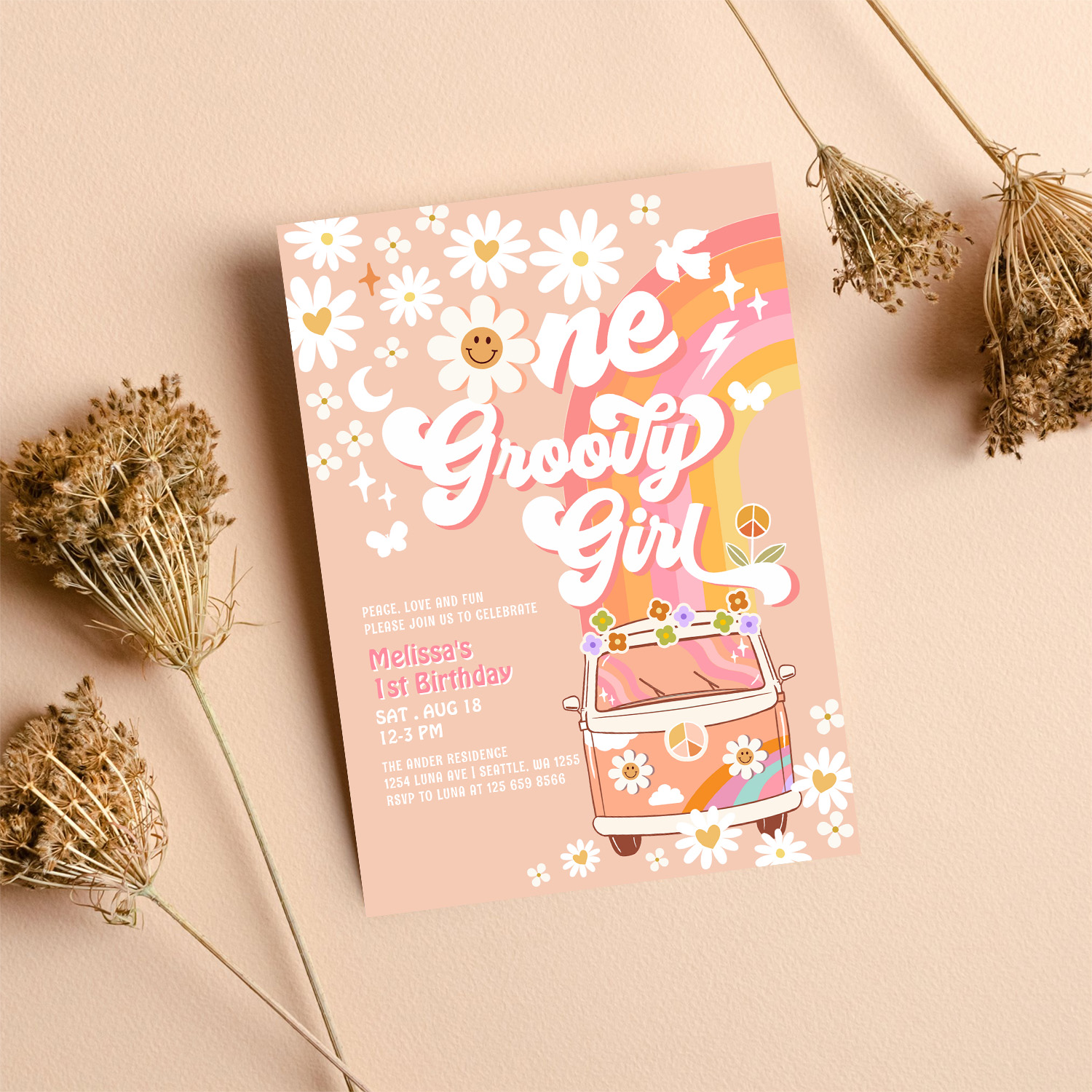 One Groovy Girl Pink Peach Van Daisy 1st Birthday Invitation - Image 8