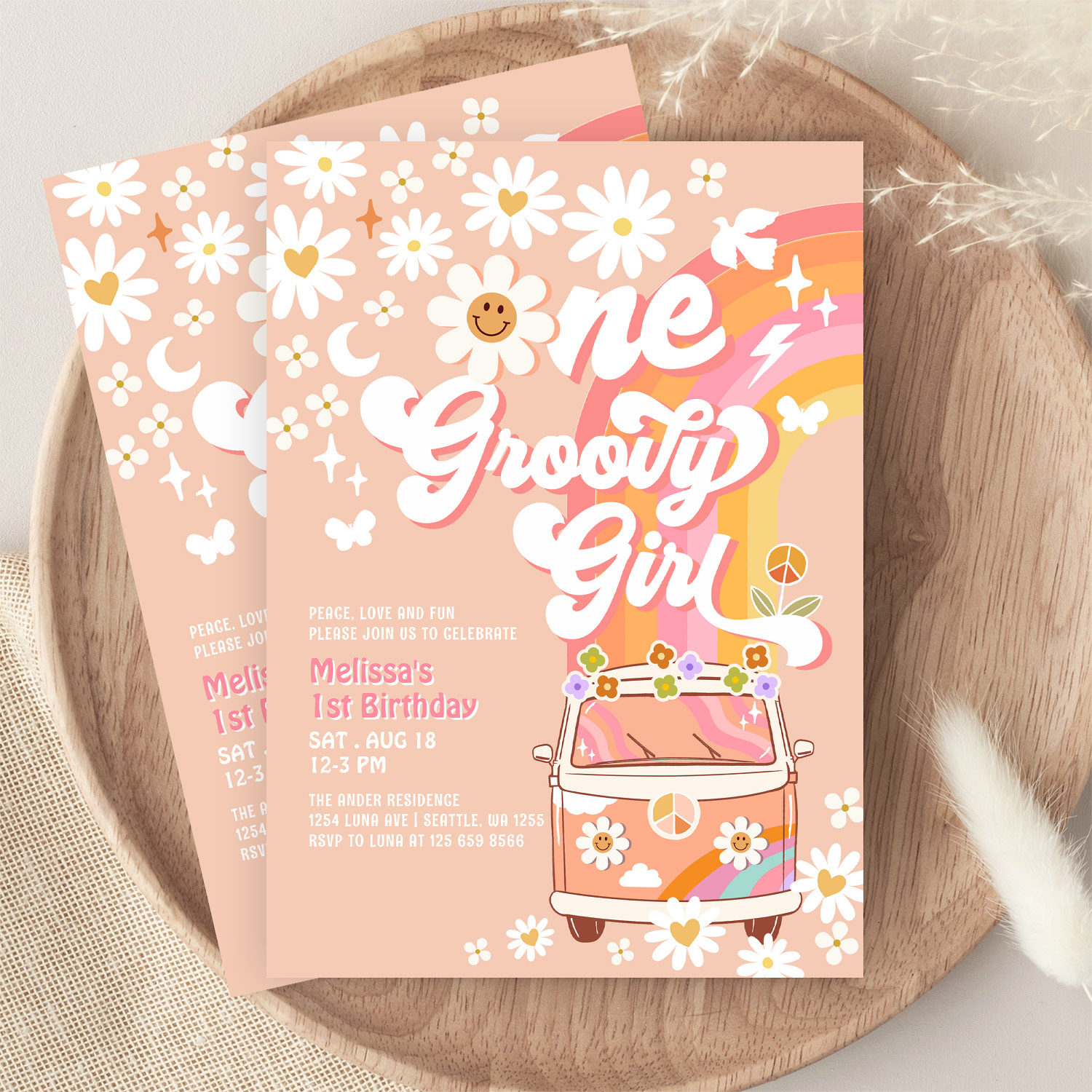 One Groovy Girl Pink Peach Van Daisy 1st Birthday Invitation - Image 9