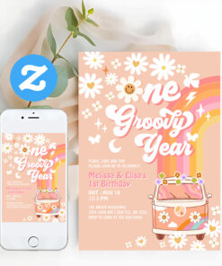 One Groovy Year Twin Pink Peach 1st Birthday Invitation