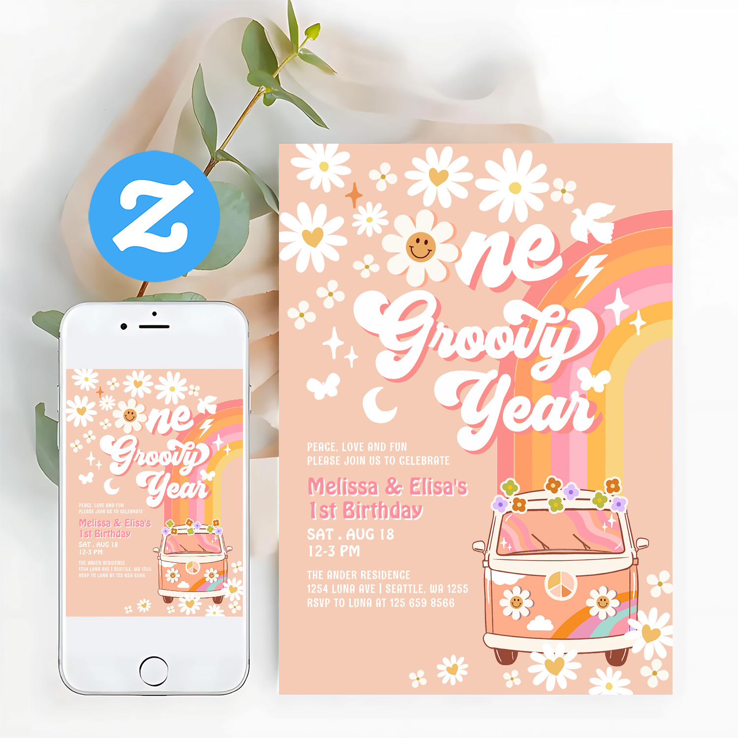 One Groovy Year Twin Pink Peach 1st Birthday Invitation