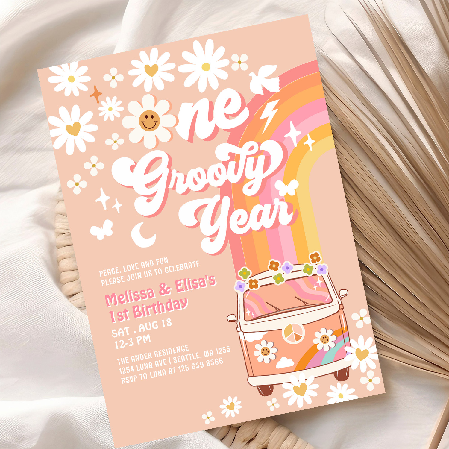 One Groovy Year Twin Pink Peach 1st Birthday Invitation - Image 10