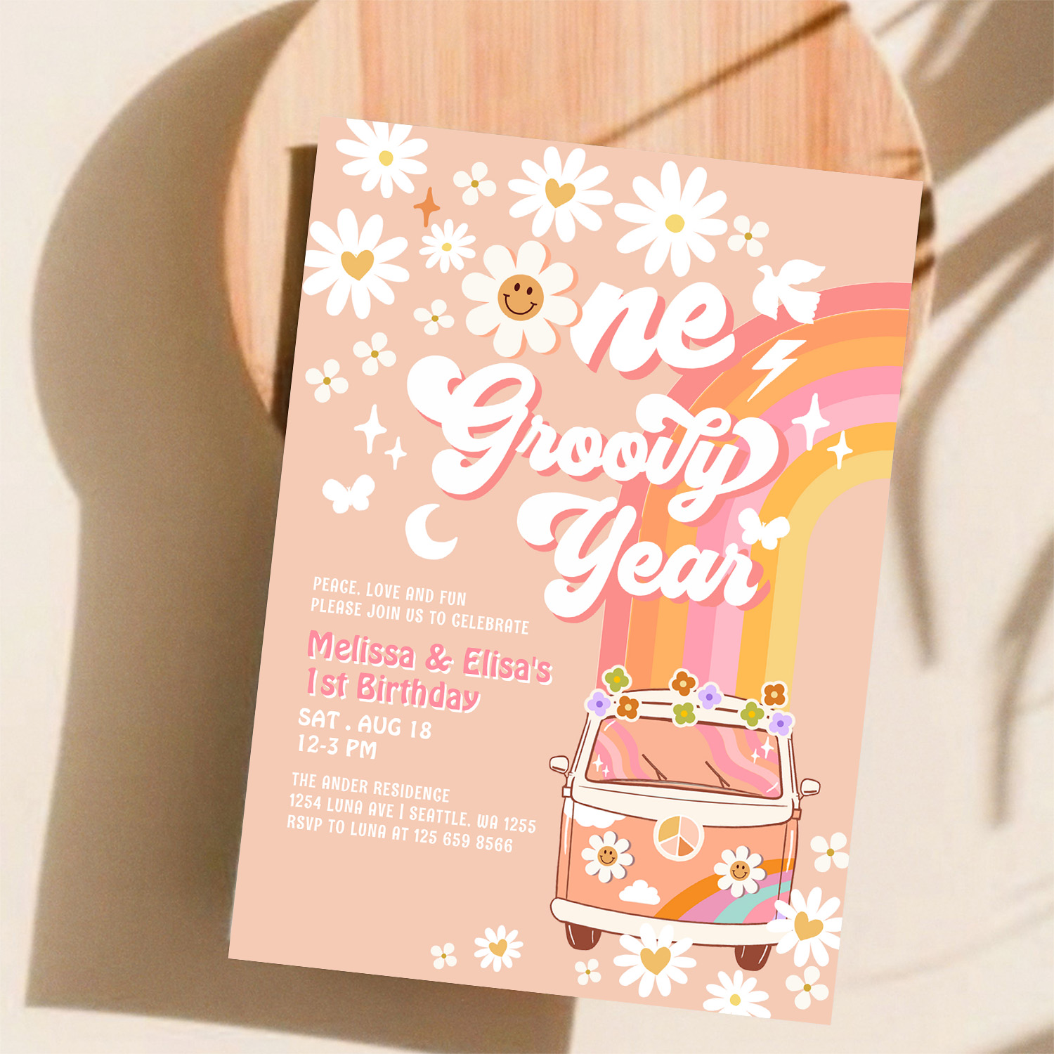 One Groovy Year Twin Pink Peach 1st Birthday Invitation - Image 11