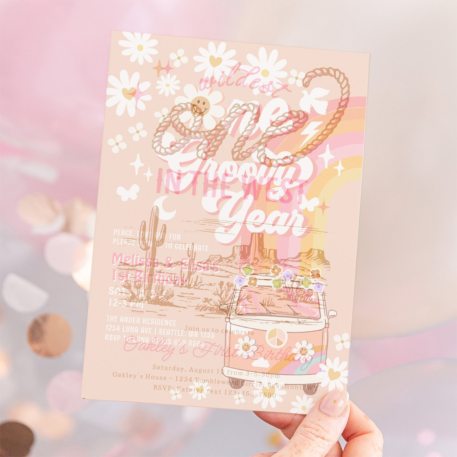 One Groovy Year Twin Pink Peach 1st Birthday Invitation - Image 12