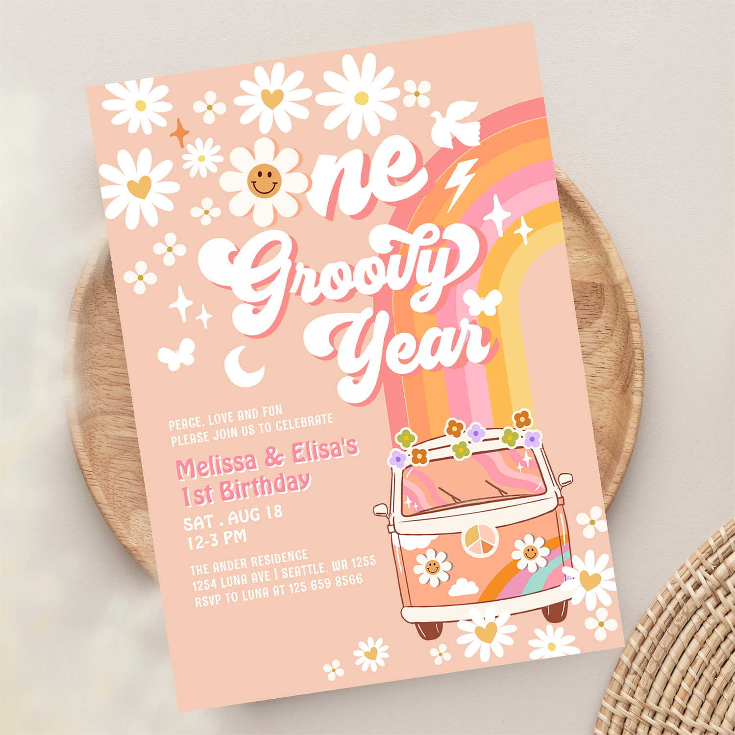 One Groovy Year Twin Pink Peach 1st Birthday Invitation - Image 13