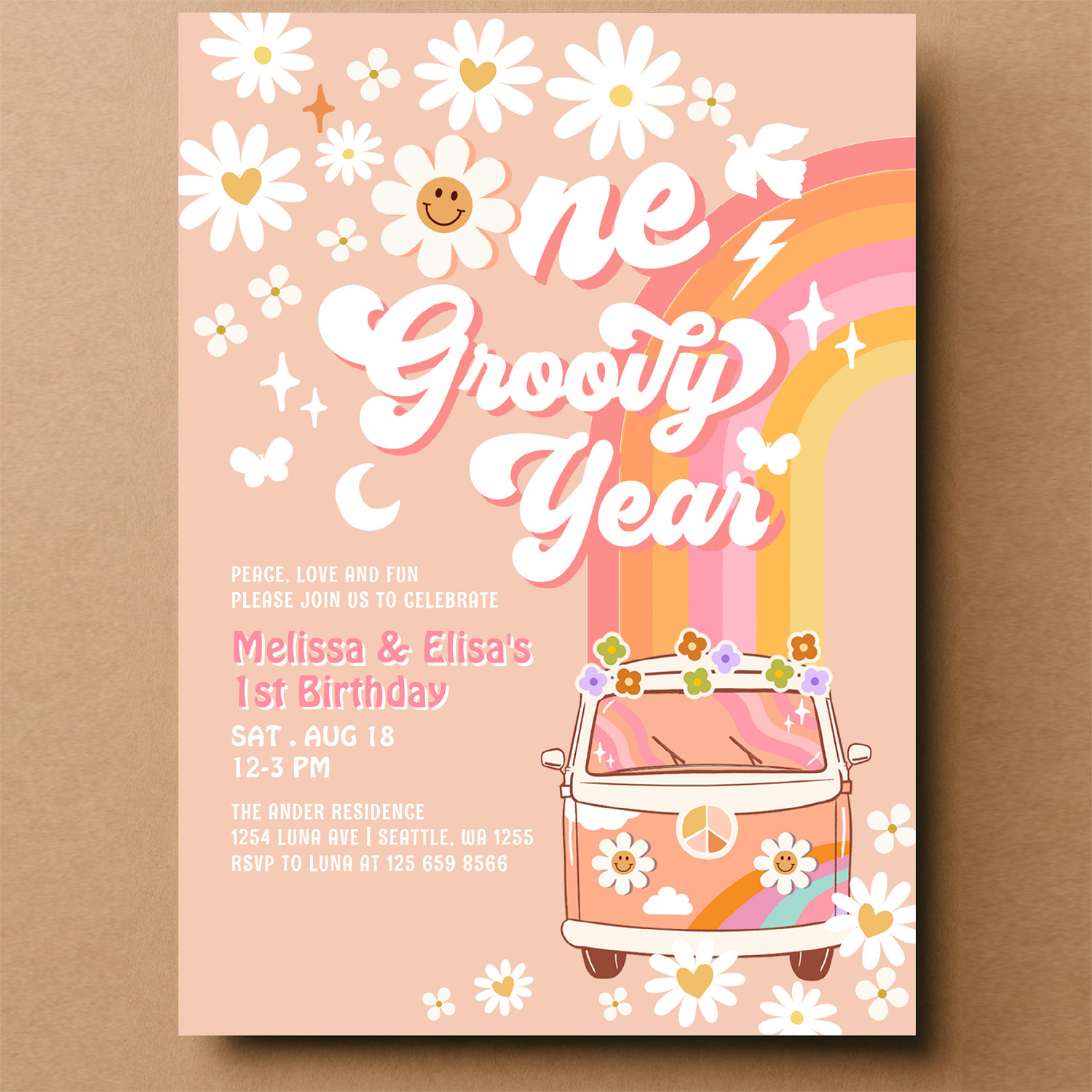 One Groovy Year Twin Pink Peach 1st Birthday Invitation - Image 14
