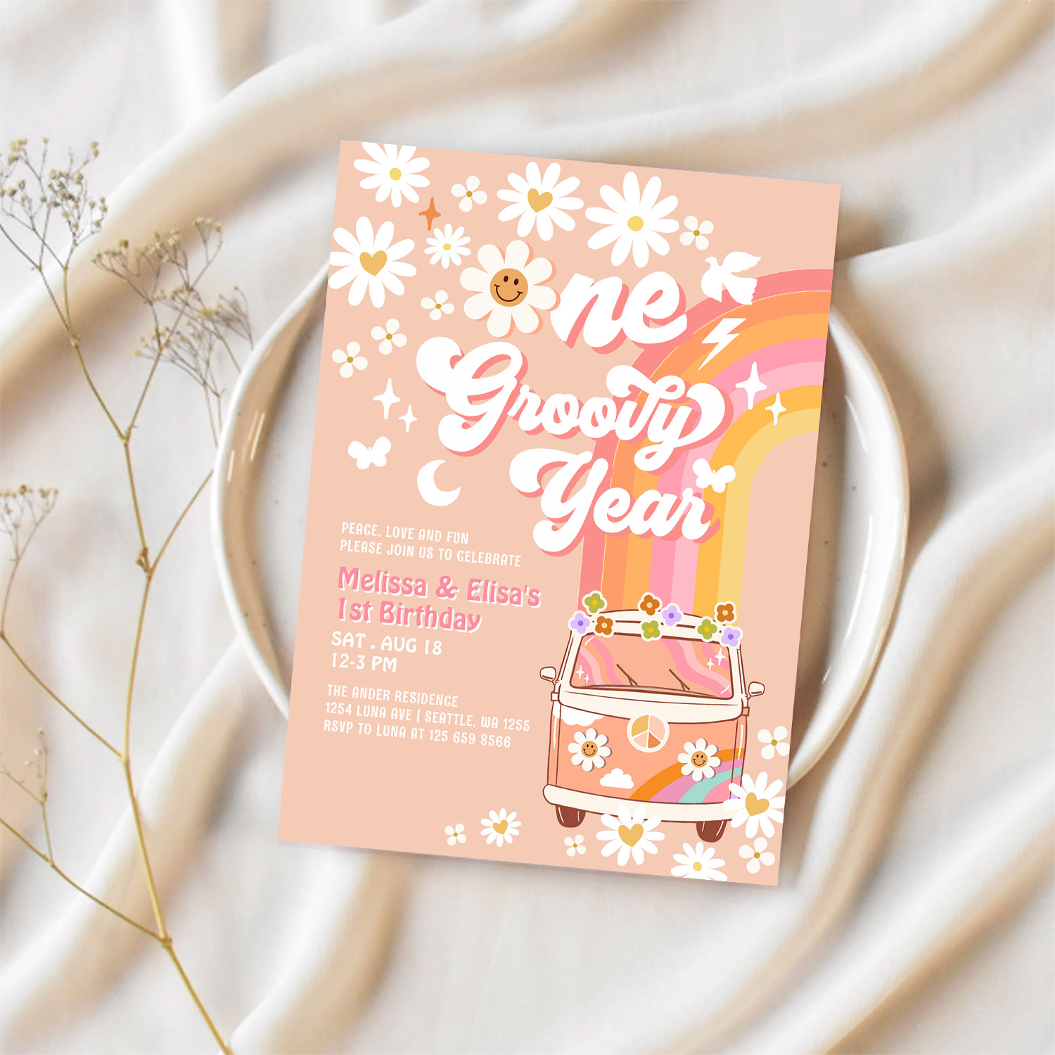 One Groovy Year Twin Pink Peach 1st Birthday Invitation - Image 2