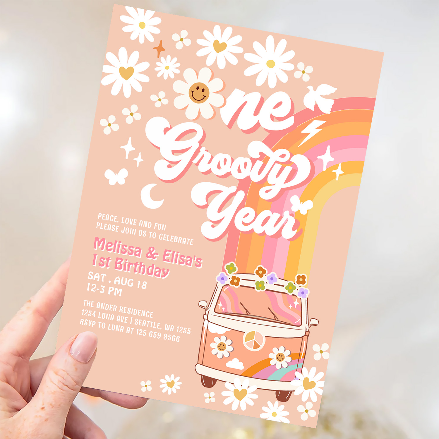 One Groovy Year Twin Pink Peach 1st Birthday Invitation - Image 3