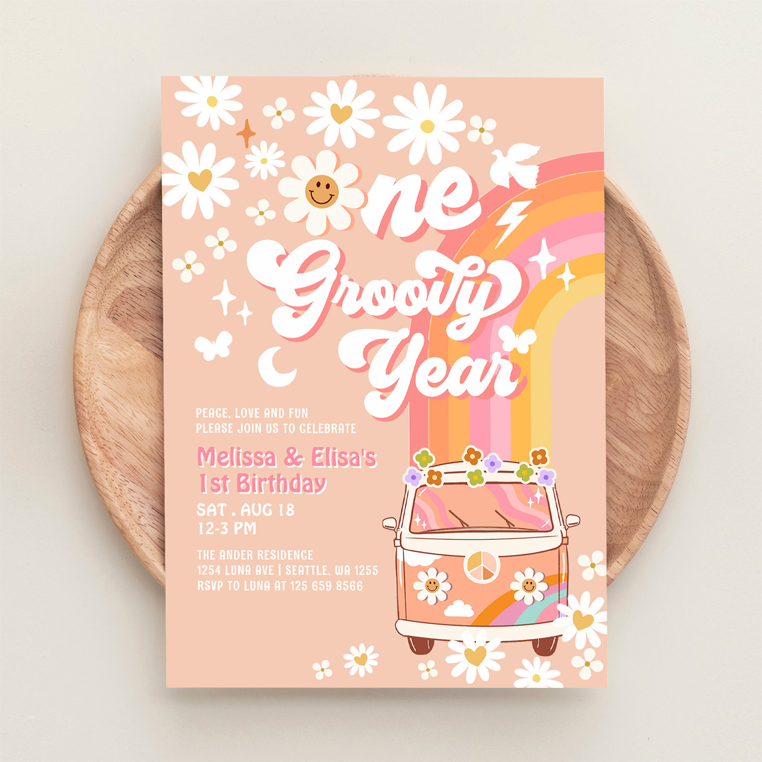 One Groovy Year Twin Pink Peach 1st Birthday Invitation - Image 7