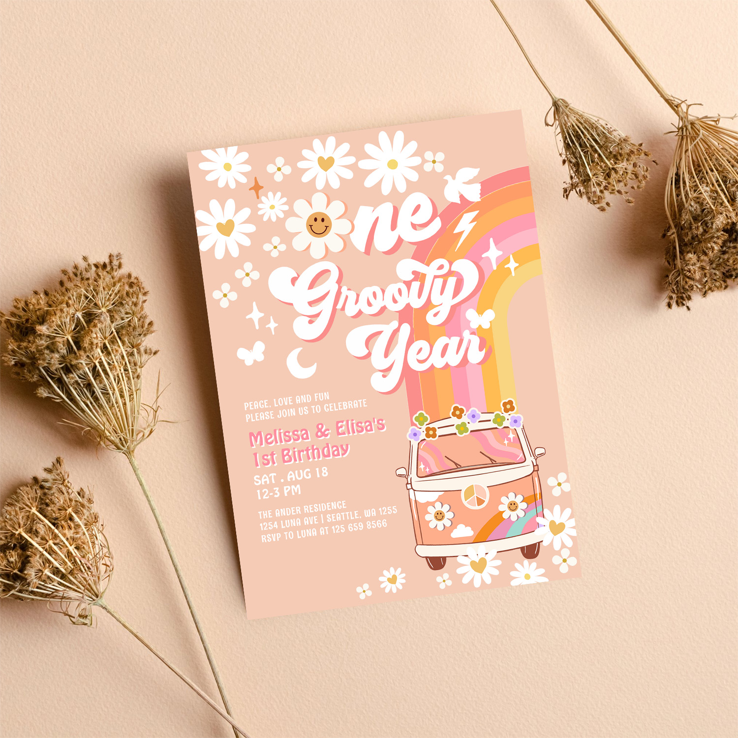 One Groovy Year Twin Pink Peach 1st Birthday Invitation - Image 8